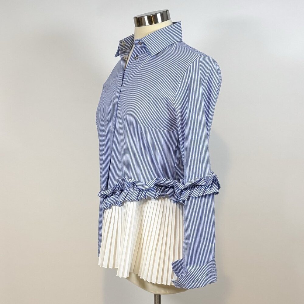 D. Exterior Button Up Blouse Ruffled Pinstripe Pleated Peekaboo Italy Medium - Picture 2 of 6